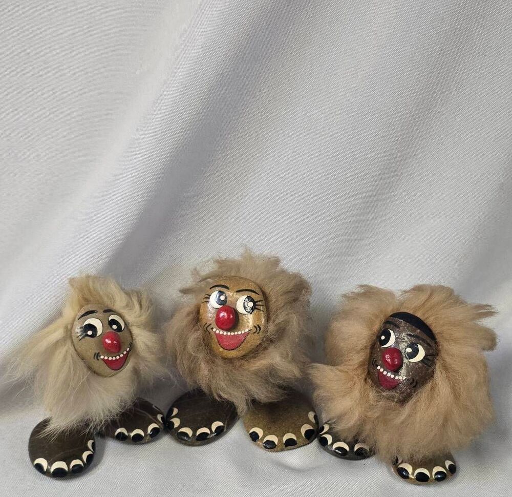 Vintage Scandinavian Stone Troll Figurines - Set of 3 Handmade Pebble Rock Troll